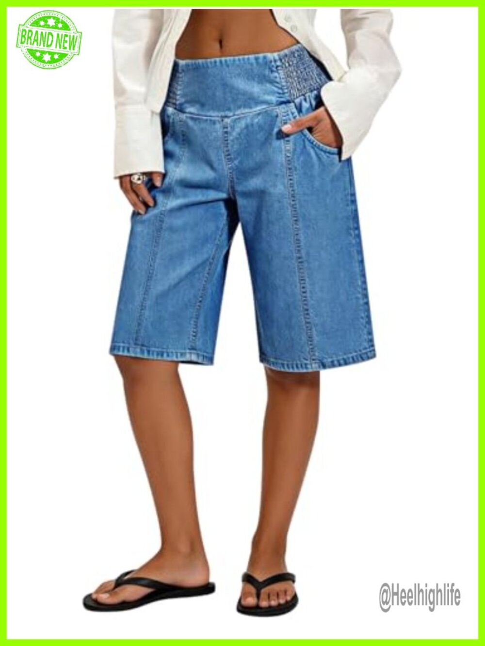 Womens Bermuda Jean Shorts Pull On Elastic Waisted High Rise Denim Shorts